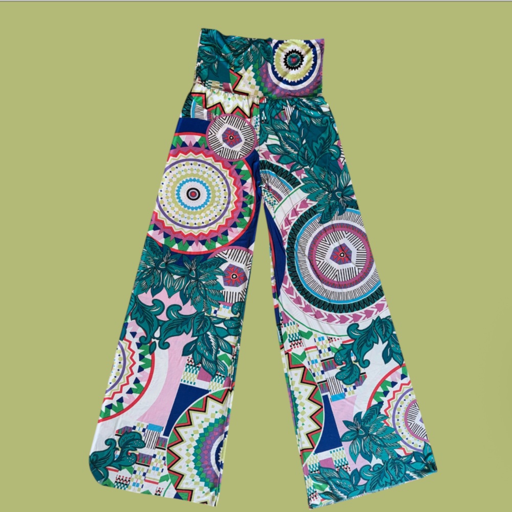Womens USA J‎ UP FOLDOVER GREEN & PINK SILKY BOHO PALAZZO PANTS S - Picture 5 of 5